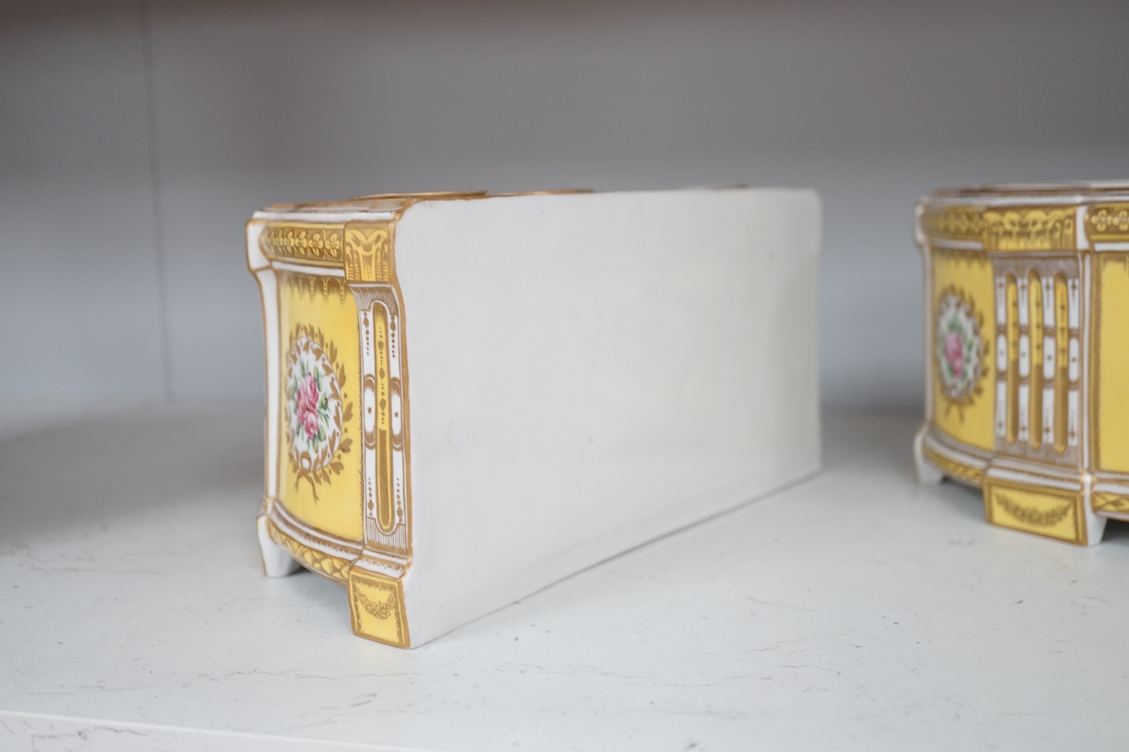 A pair of Dresden style yellow ground bough pots, 30cm wide. Condition - fair to good.